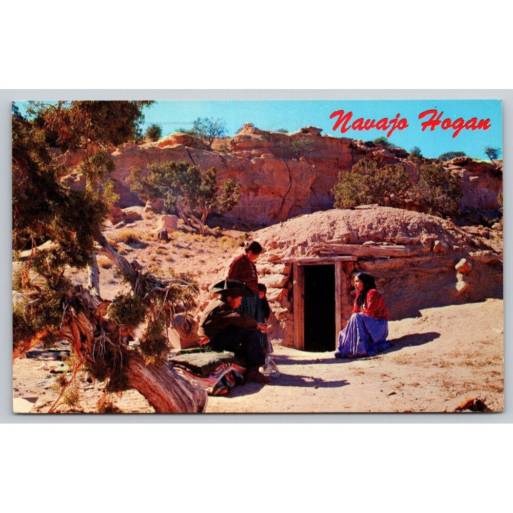 Postcard Arizona Navajo Family at the Entrance of Their Hogan Posted 1970 AZ